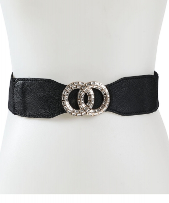 Double Circle Rhinestone Buckle Point Fashion Stretch Belt BT320043 BLACK